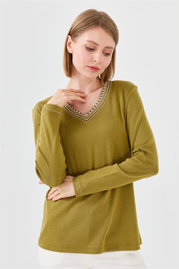 Womens V-Neck Colorful Embroidered Blouse Khaki