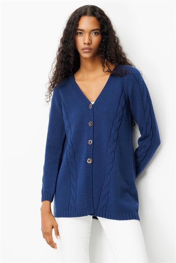 Kadın V Yaka Saç Örgülü Uzun Yün Hırka İndigo