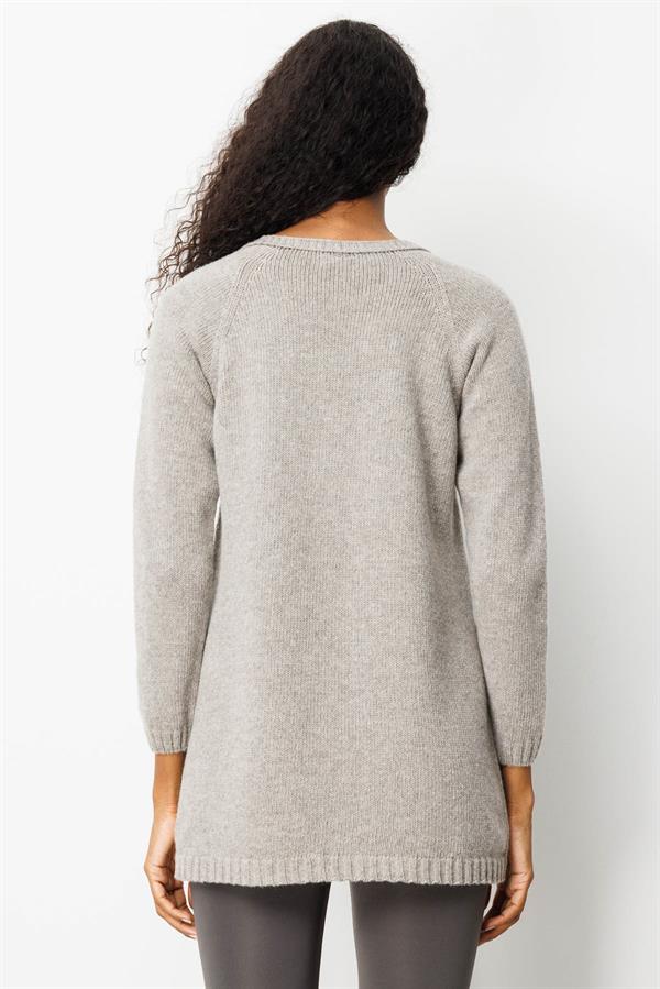 Kadın V Yaka Saç Örgülü Uzun Yün Hırka Vizon