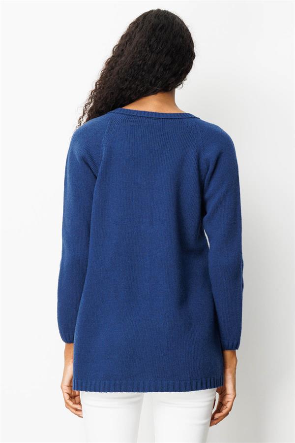 Kadın V Yaka Saç Örgülü Uzun Yün Hırka İndigo