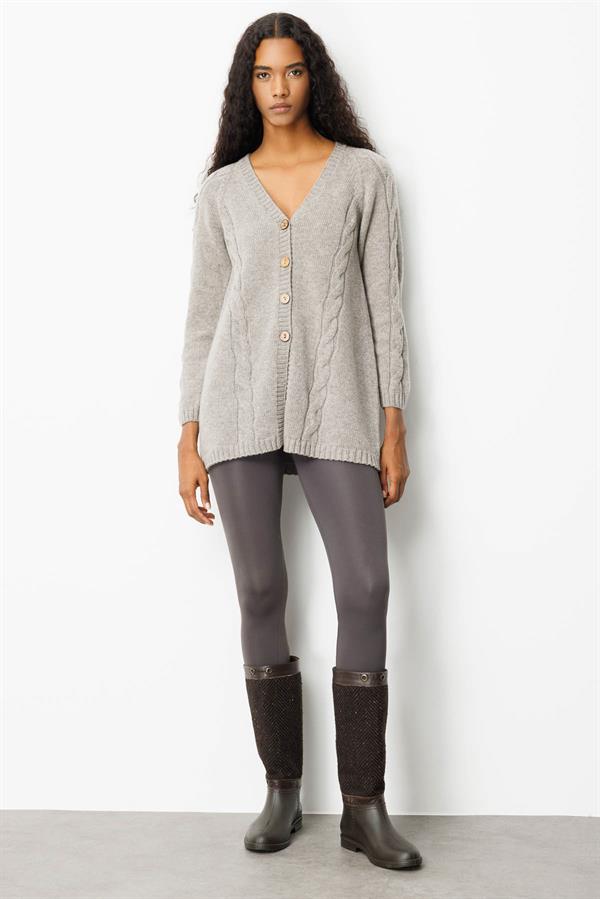 Kadın V Yaka Saç Örgülü Uzun Yün Hırka Vizon