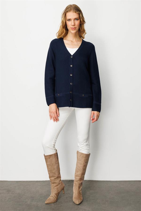 Kadın V Yaka Sahte Cepli Düğmeli Ceket K.Lacivert