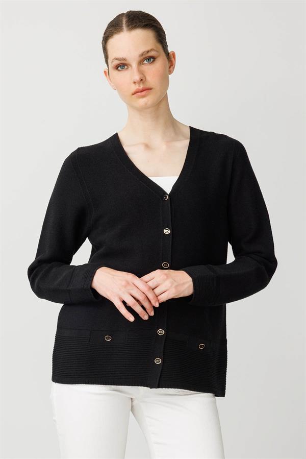 Kadın V Yaka Sahte Cepli Düğmeli Ceket Siyah