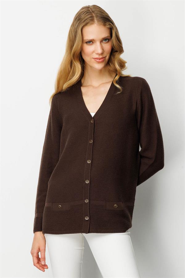 Kadın V Yaka Sahte Cepli Düğmeli Ceket Kahve