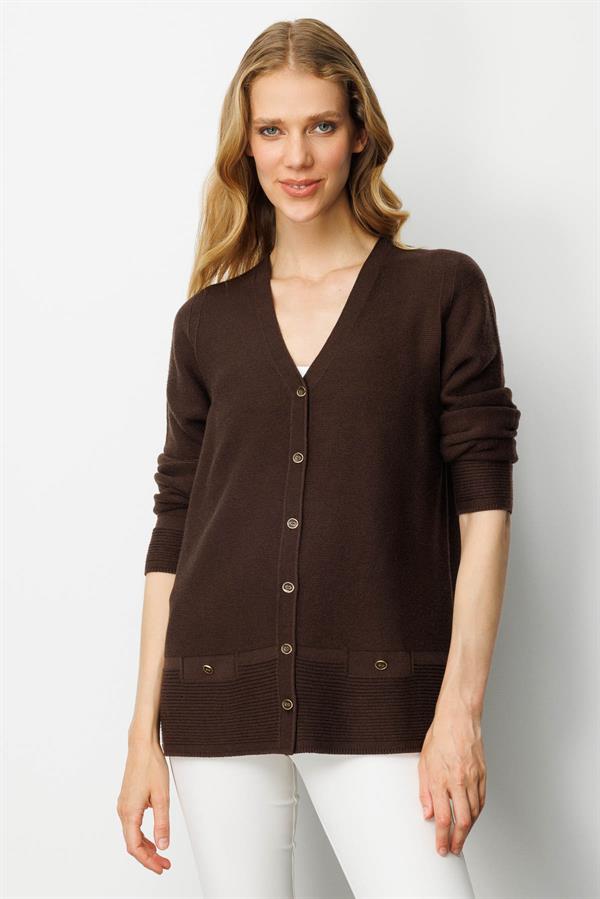 Kadın V Yaka Sahte Cepli Düğmeli Ceket Kahve