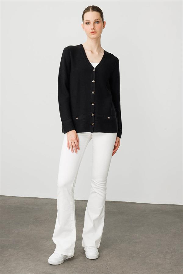 Kadın V Yaka Sahte Cepli Düğmeli Ceket Siyah