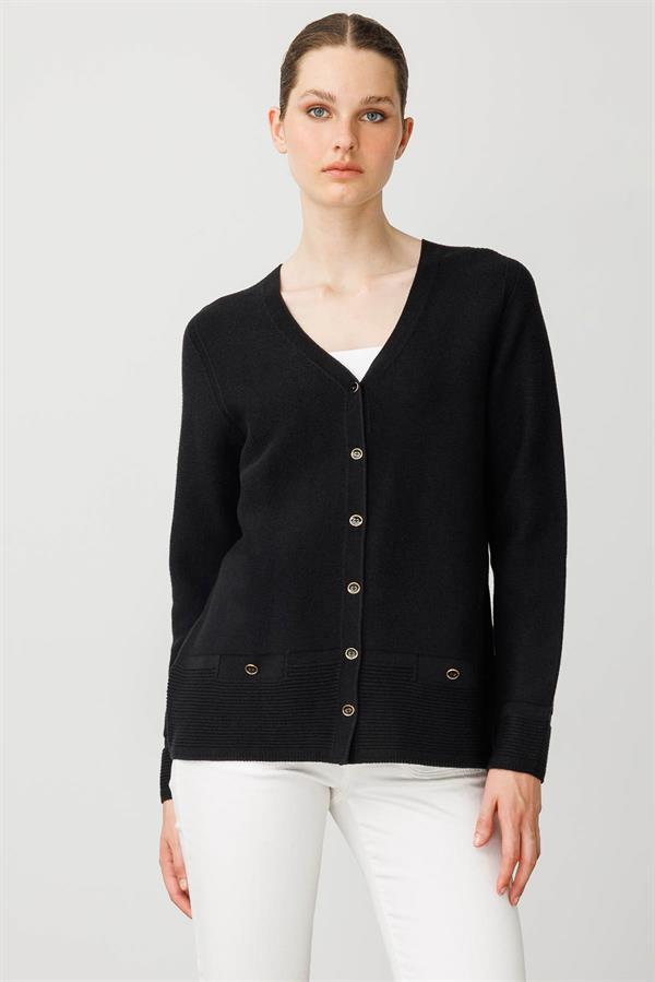 Kadın V Yaka Sahte Cepli Düğmeli Ceket Siyah