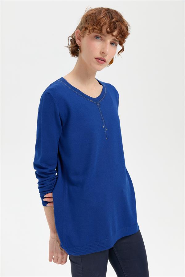 Kadın V Yaka Taşlı Kolye Desenli Ligra Bluz K.S.Mavi