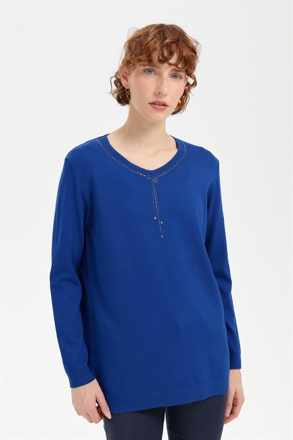 Kadın V Yaka Taşlı Kolye Desenli Ligra Bluz K.S.Mavi