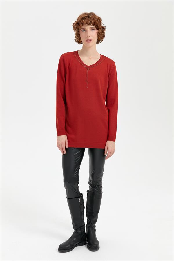 Kadın V Yaka Taşlı Kolye Desenli Ligra Bluz K.Kiremit