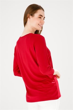 Женская трикотажная базовая блуза с V-образным вырезом и рукавом три четверти красного цвета