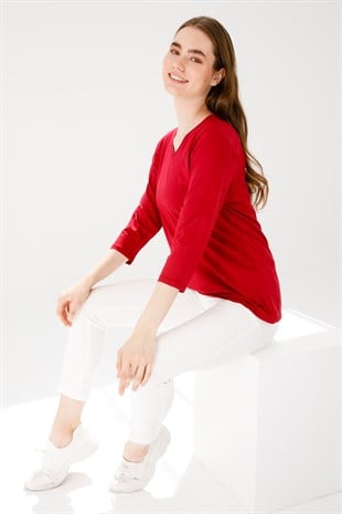 Женская трикотажная базовая блуза с V-образным вырезом и рукавом три четверти красного цвета
