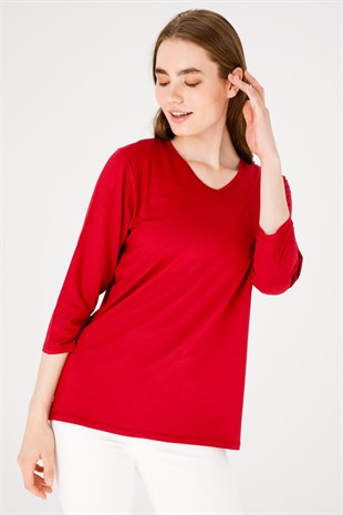 Женская трикотажная базовая блуза с V-образным вырезом и рукавом три четверти красного цвета