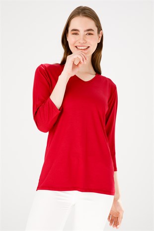 Женская трикотажная базовая блуза с V-образным вырезом и рукавом три четверти красного цвета