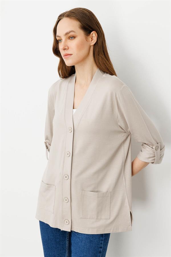 Kadın V Yaka Uzun Kol Cepli Düğmeli Penye Ceket Bej