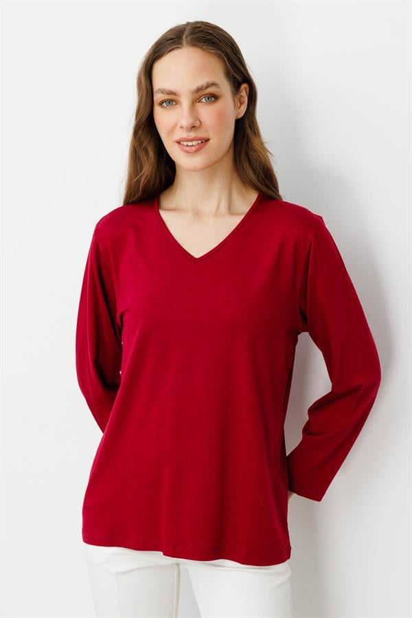 Kadın V Yaka Uzun Kollu Penye Bluz Bordo