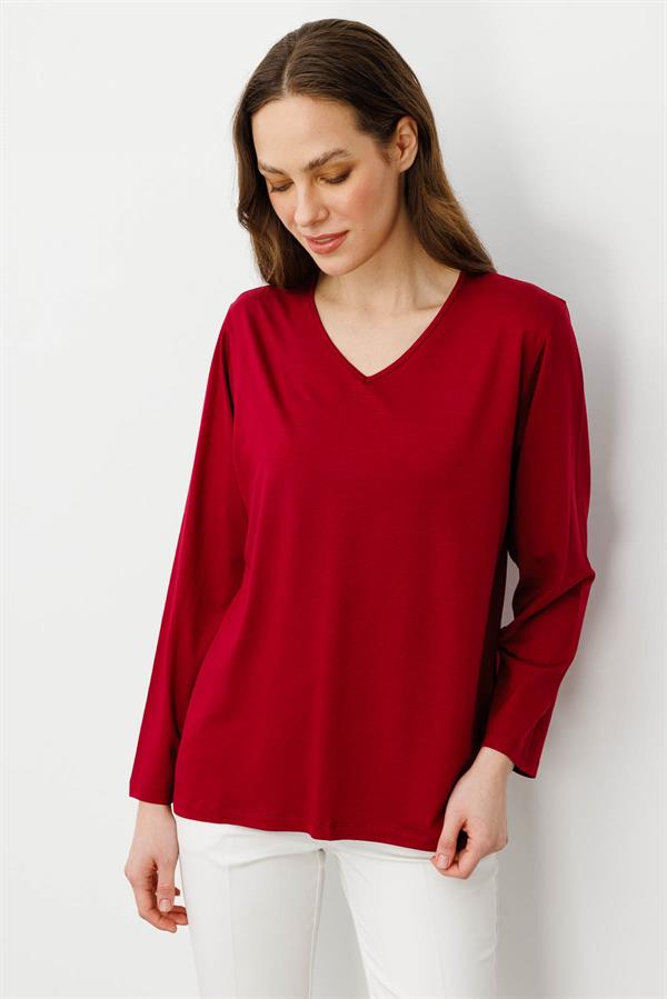 Kadın V Yaka Uzun Kollu Penye Bluz Bordo