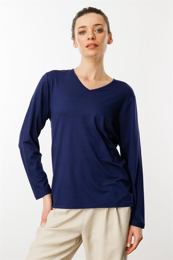 Kadın V Yaka Uzun Kollu Penye Bluz Lacivert