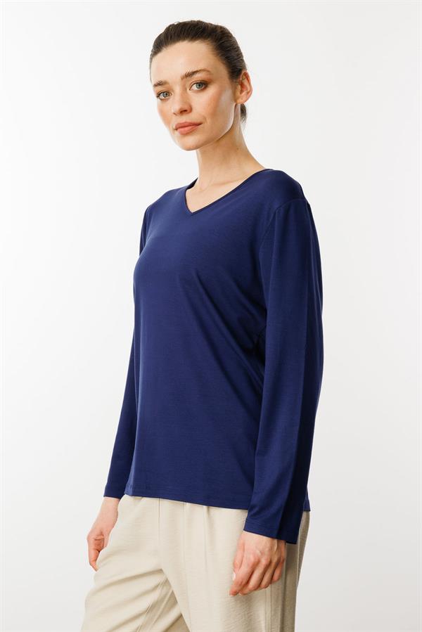 Kadın V Yaka Uzun Kollu Penye Bluz Lacivert