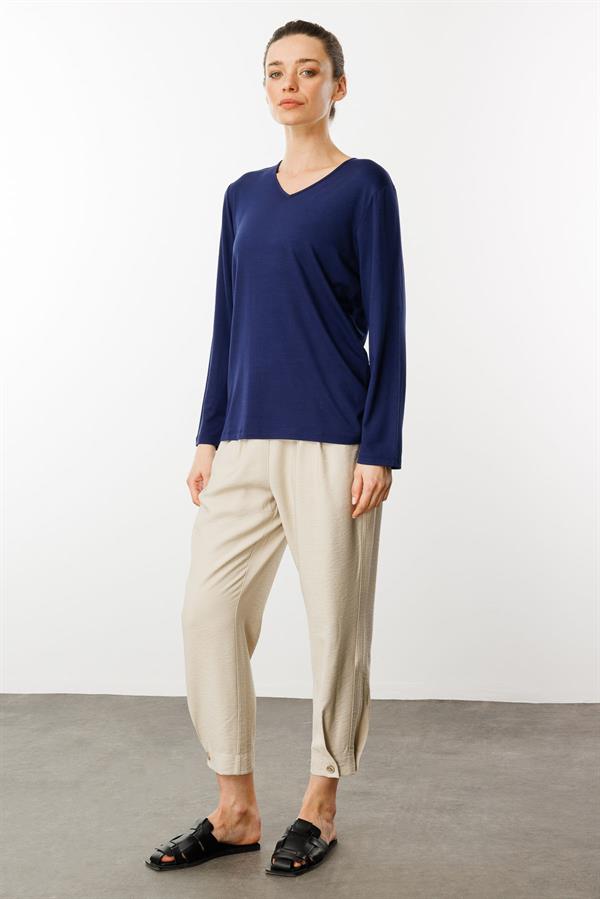 Kadın V Yaka Uzun Kollu Penye Bluz Lacivert