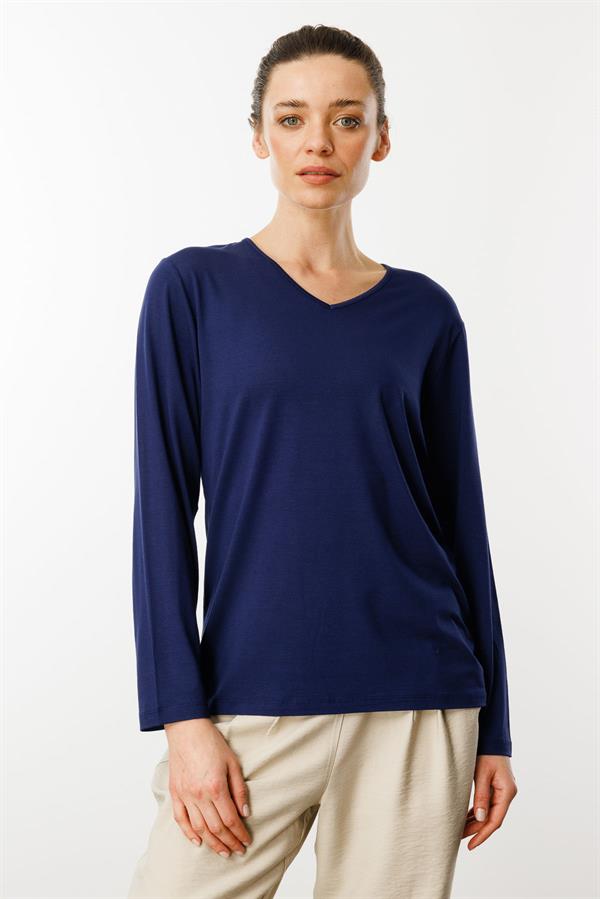 Kadın V Yaka Uzun Kollu Penye Bluz Lacivert