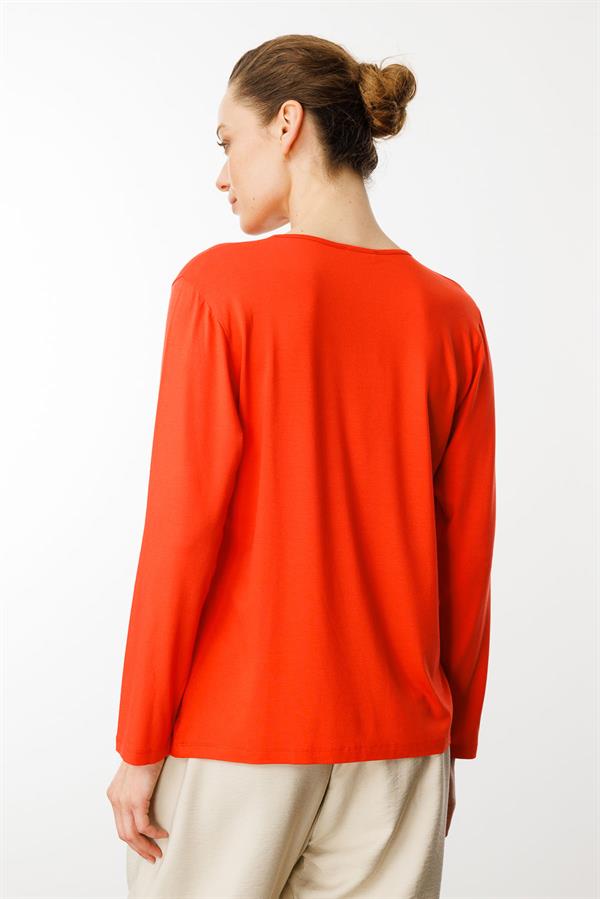 Kadın V Yaka Uzun Kollu Penye Bluz Oranj