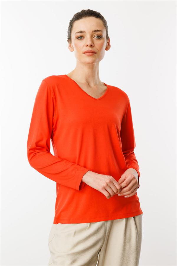 Kadın V Yaka Uzun Kollu Penye Bluz Oranj