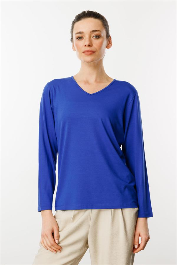 Kadın V Yaka Uzun Kollu Penye Bluz Saks