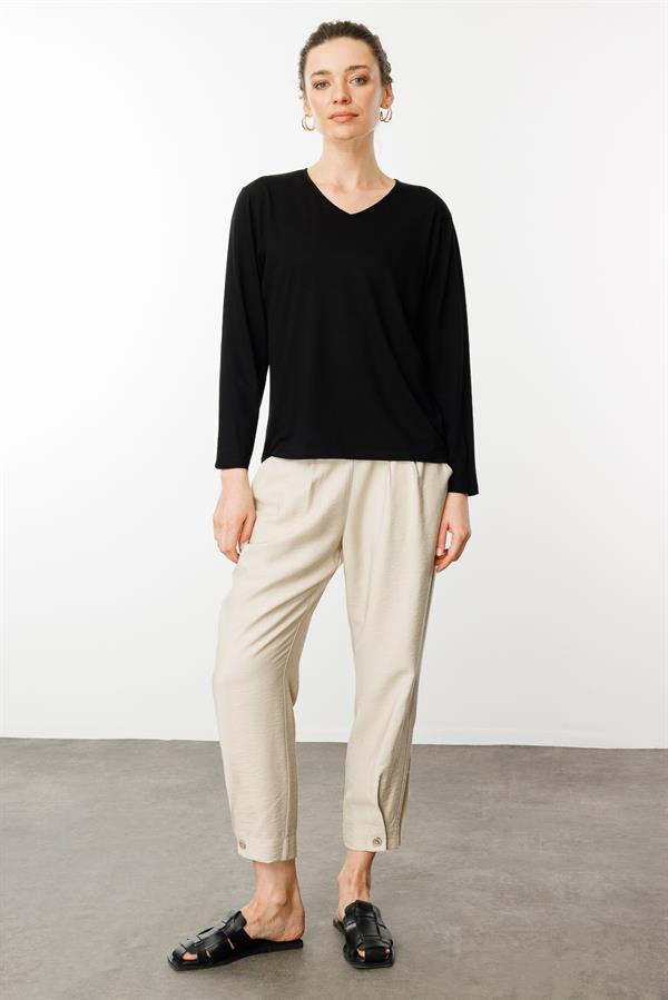 Kadın V Yaka Uzun Kollu Penye Bluz Siyah