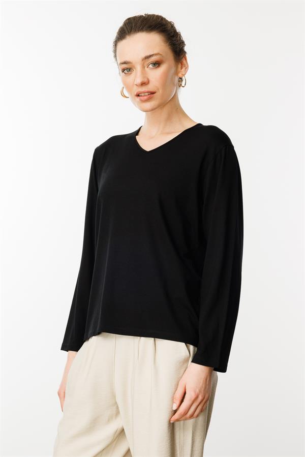 Kadın V Yaka Uzun Kollu Penye Bluz Siyah