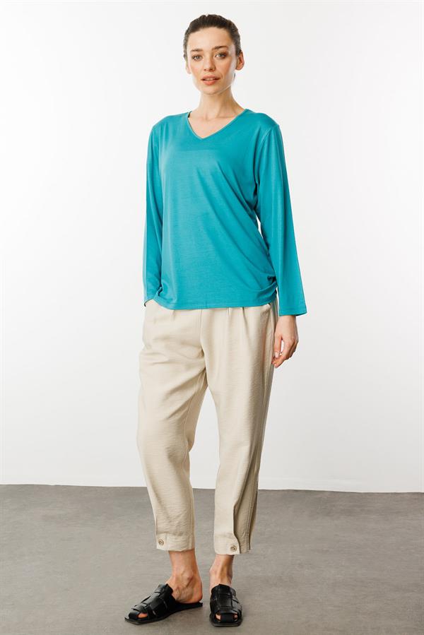 Kadın V Yaka Uzun Kollu Penye Bluz Yeşil