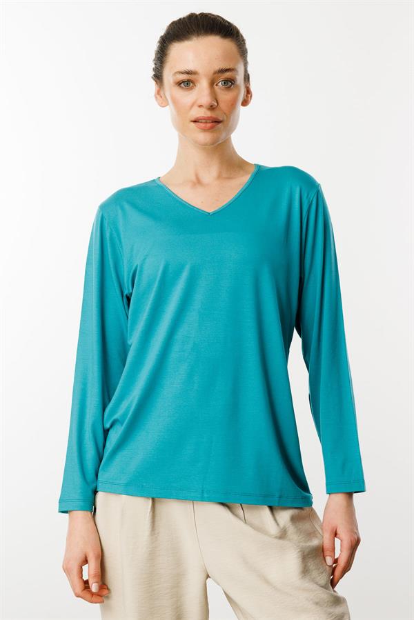 Kadın V Yaka Uzun Kollu Penye Bluz Yeşil