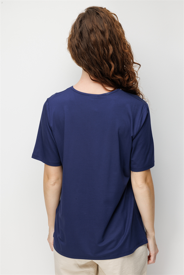 Kadın V Yaka Yaka Kenarı Zincirli Penye T-shirt Lacivert