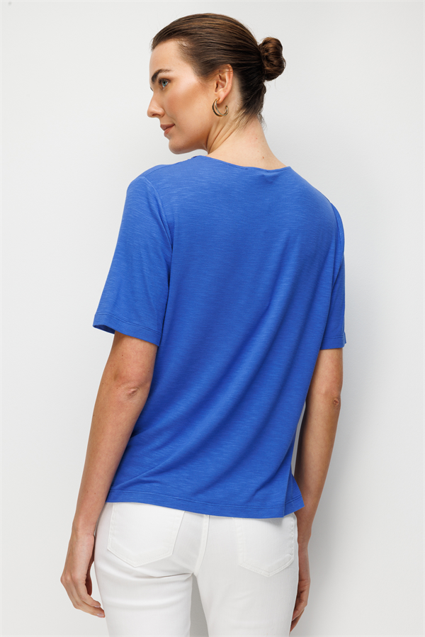 Kadın V Yaka Yakası İki Renkli İşlemeli Taşlı Penye T-shirt Saks