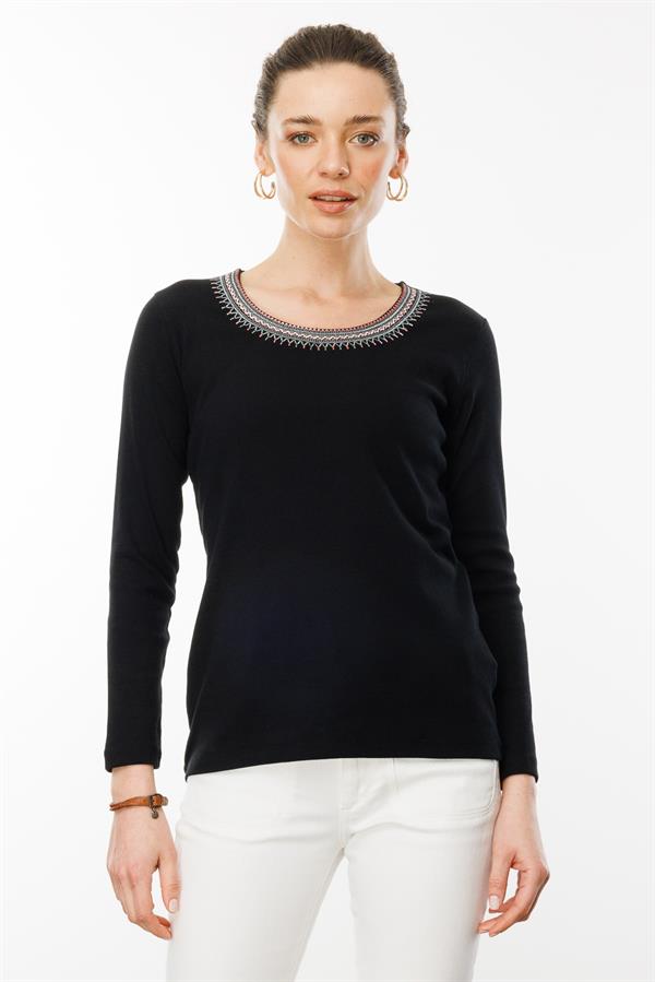 Kadın V Yaka Yakası Nakış İşlemeli Pamuklu Bluz Siyah