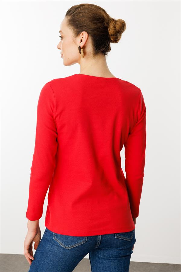 Kadın V Yaka Yakası Nakış İşlemeli Pamuklu Bluz Kırmızı