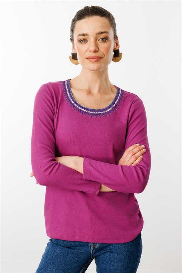 Kadın V Yaka Yakası Nakış İşlemeli Pamuklu Bluz Fuşya