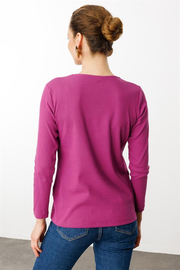 Kadın V Yaka Yakası Nakış İşlemeli Pamuklu Bluz Fuşya