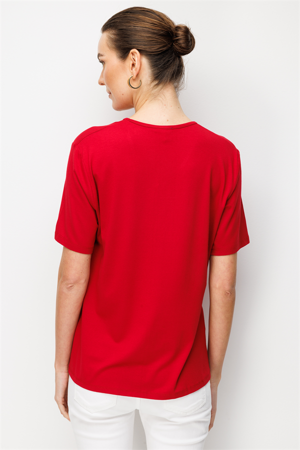Kadın V Yaka Yakası Nakış İşlemeli Penye T-shirt Kırmızı