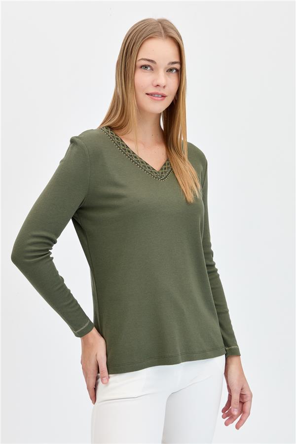 Womens V-Neck Embroidered Cotton Blouse Khaki