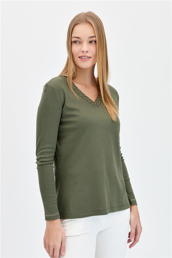 Womens V-Neck Embroidered Cotton Blouse Khaki