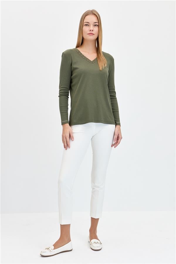 Womens V-Neck Embroidered Cotton Blouse Khaki