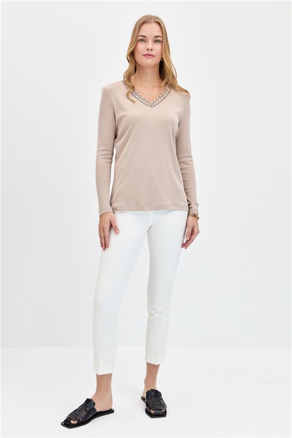 Womens V-Neck Embroidered Cotton Blouse Mink