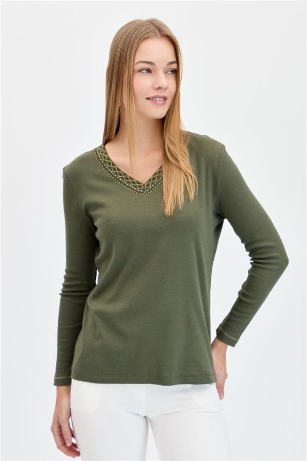 Womens V-Neck Embroidered Cotton Blouse Khaki