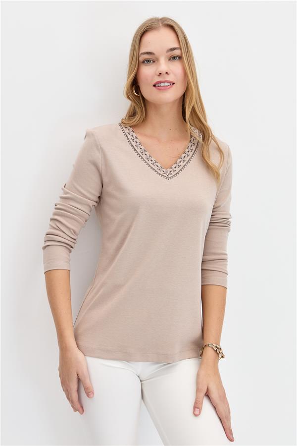 Womens V-Neck Embroidered Cotton Blouse Mink