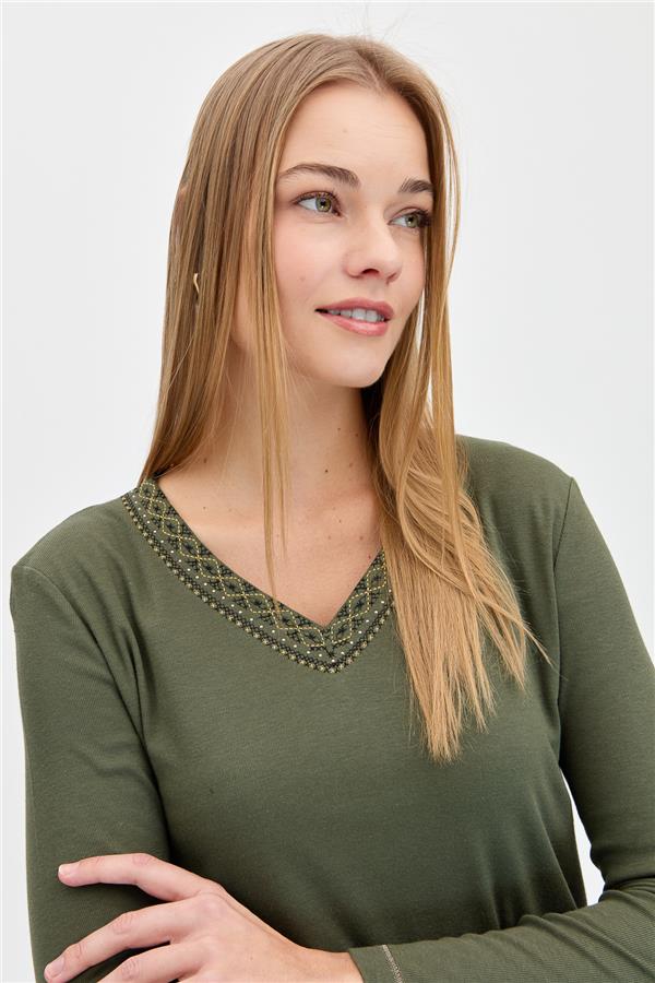 Womens V-Neck Embroidered Cotton Blouse Khaki