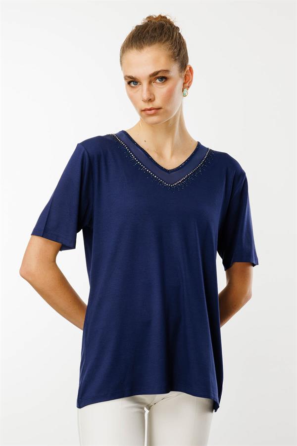 Kadın V Yaka Yakası Taşlı Penye T-shirt Lacivert