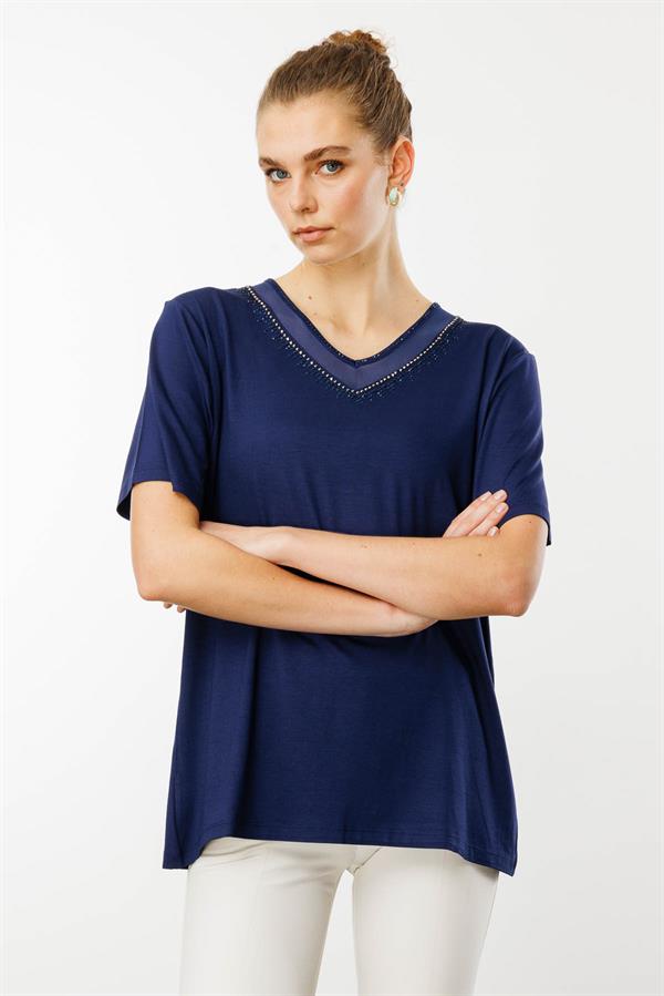 Kadın V Yaka Yakası Taşlı Penye T-shirt Lacivert