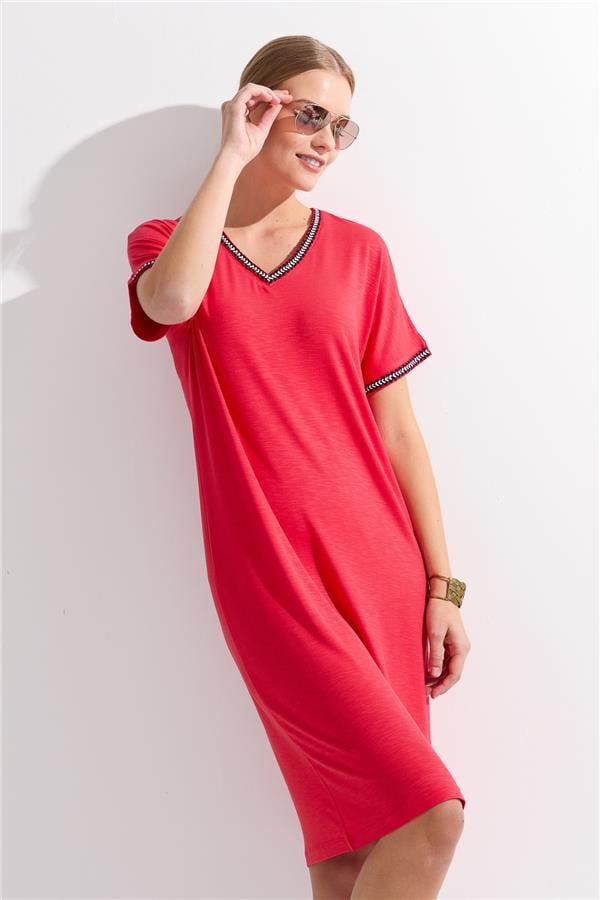Womens V-Neck Dress Navy Coral