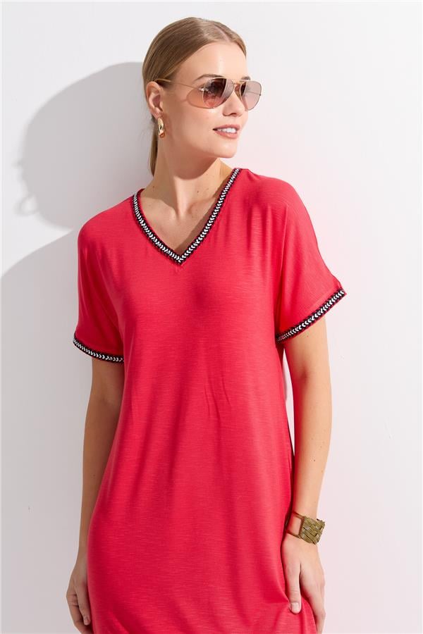 Womens V-Neck Dress Navy Coral